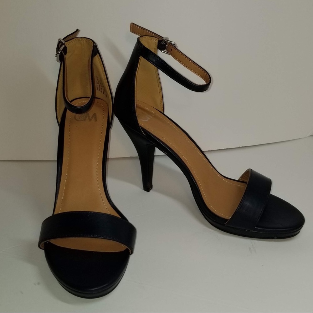 Black heel sandals with ankle strap, size 8
